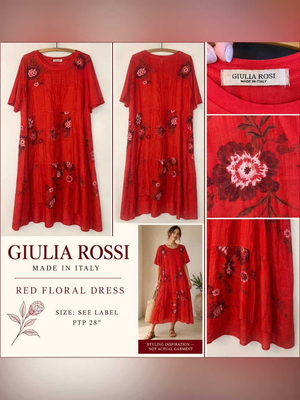 Red Floral Midi Dress - 100% linen Made in Italy